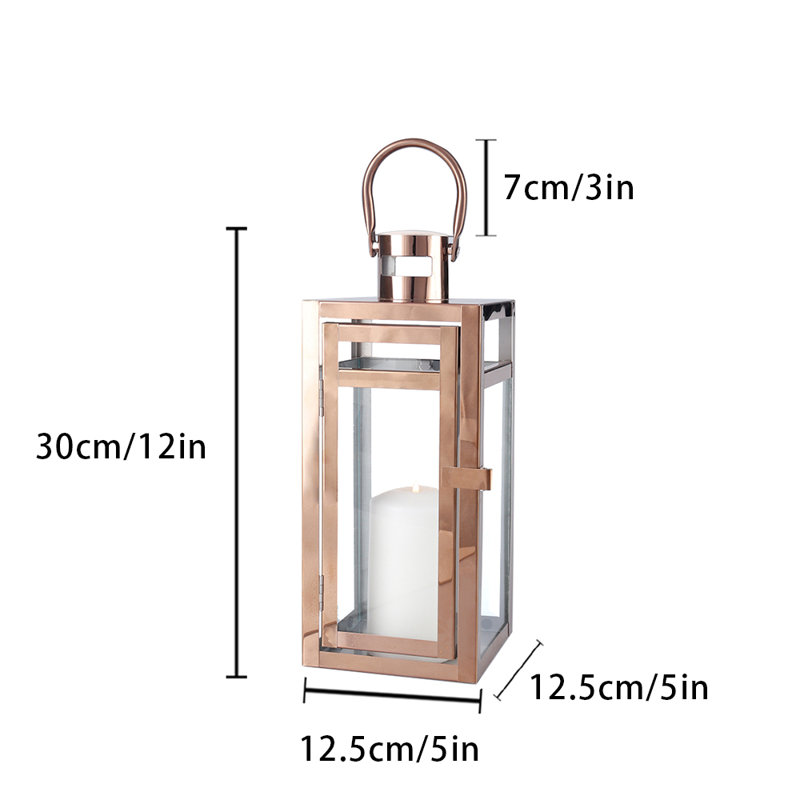 12'' High Metal Decorative Candle Lantern With Tempered Glass, Rose Gold