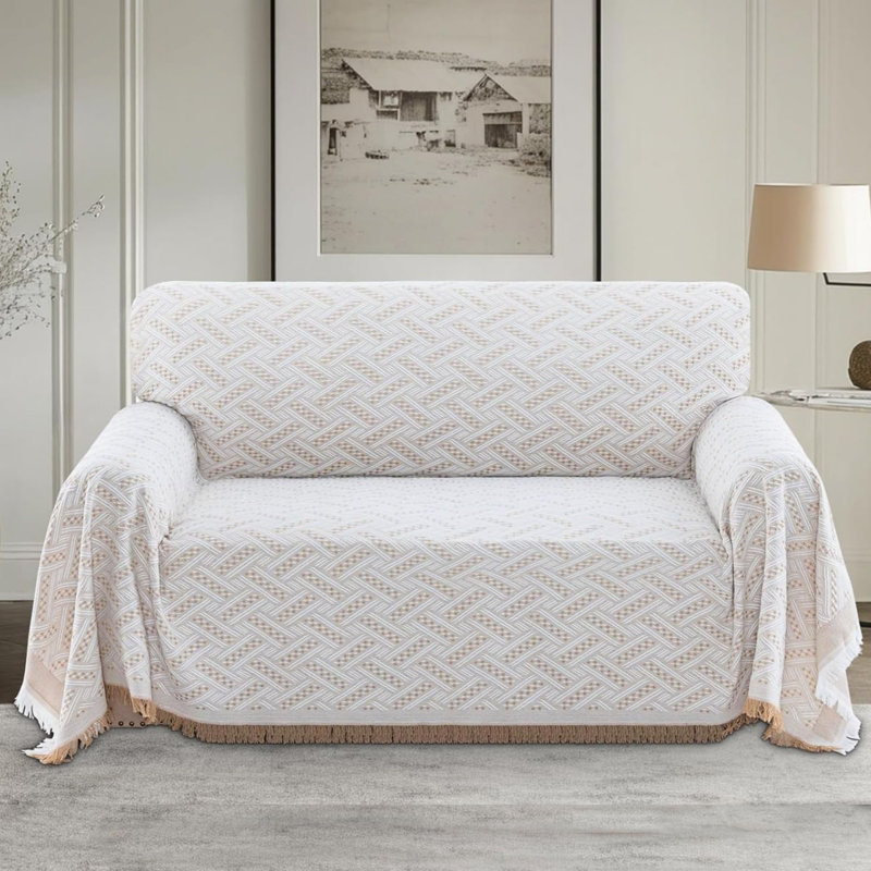 Box Cushion Sofa Slipcover, Khaki/White