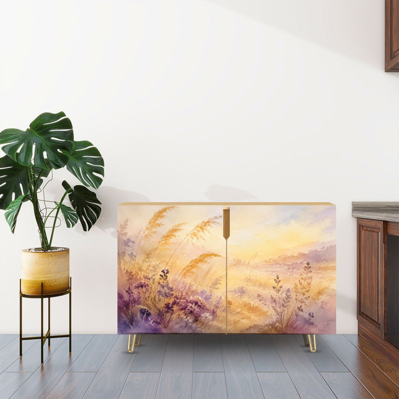 Buffet Buffet avec rangement Golden Meadow Landscape Wild Grass Fleurs mauves à l'aquarelle douce avec 2 portes pour le salon et la cuisine