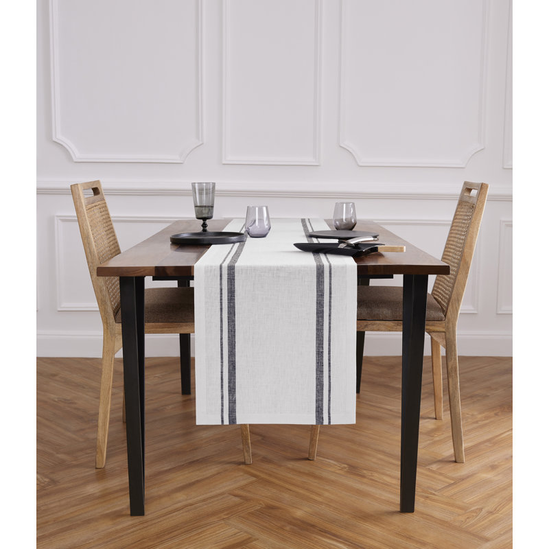 Black and Natural Linen French Stripe Table Runner 14 x 72 Inch