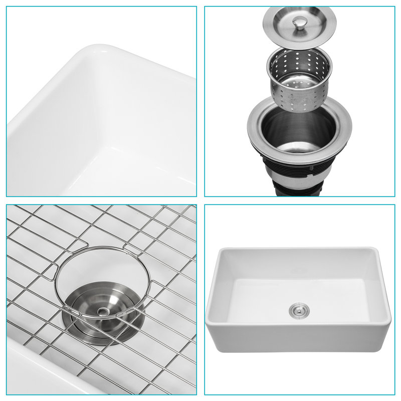 White 30 - In Apron Front Ceramic Single Bowl Kitchen Sink , Deep, And Quick To Maintain With Basket Strainer Inch Bowl Scratch Aspect, Simple