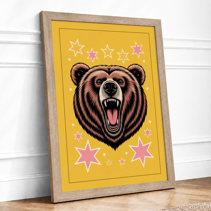 Bear Among Stars Geometric - Framed Print, A1 - 84.1 x 59.4 cm, Oak