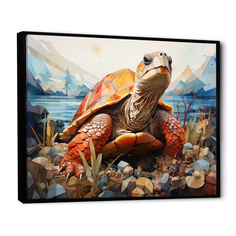 Turtle Portrait Geometric At Beach - Animals Canvas Prints, 30" H x 40" W, Cadre flottant noir