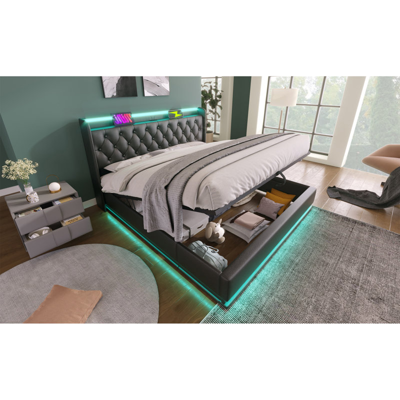 Lit double tapissier pleine grandeur, fonction DEL à 360 degrés, boutons / applications / télécommande, lit de rangement hydraulique avec chargement USB Type-C, noir, polyuréthane (sans matelas)