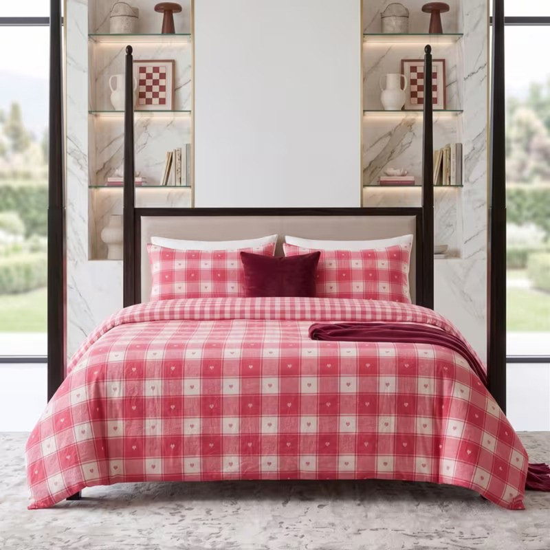 Love Heart Duvet Cover Set Red Gingham Check Bedding Kawaii Room with Pillowcases