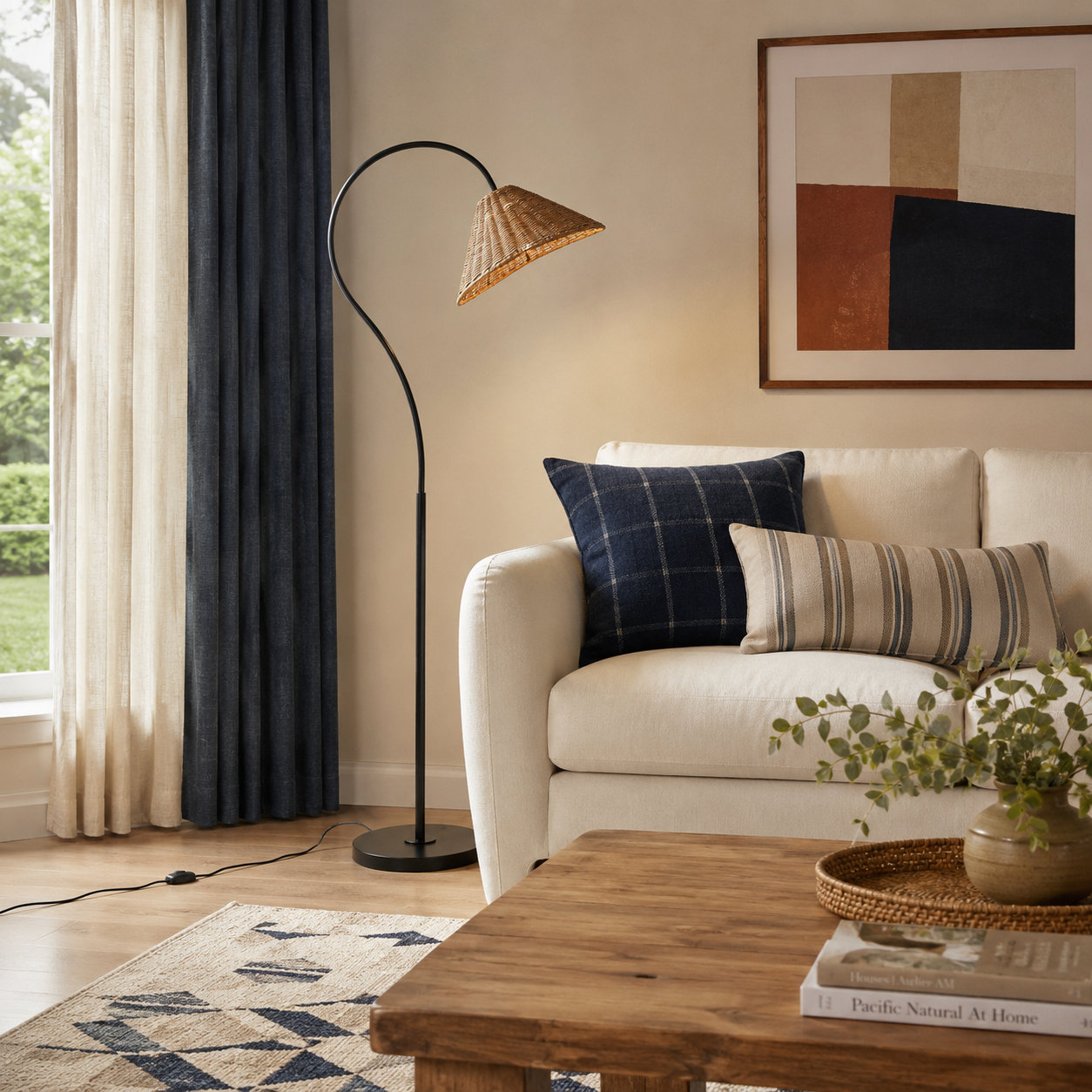 65” Arched Dimmable Rattan Floor Lamp, Black