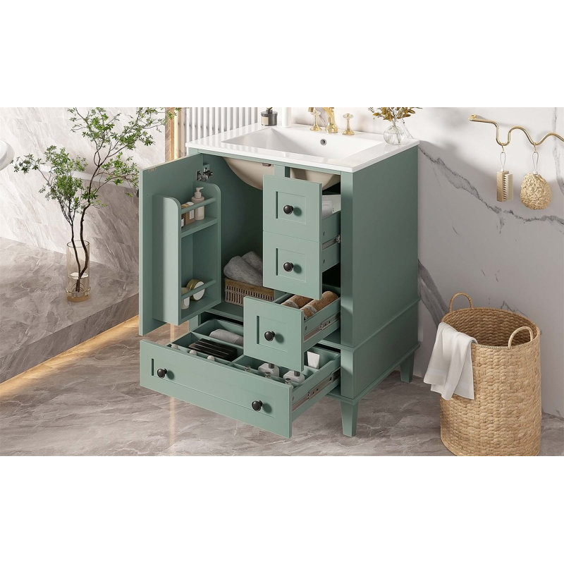 Meuble-lavabo compact avec lavabo en céramique, tiroirs à fermeture en douceur et rangement spacieux pour les salles de bain modernes