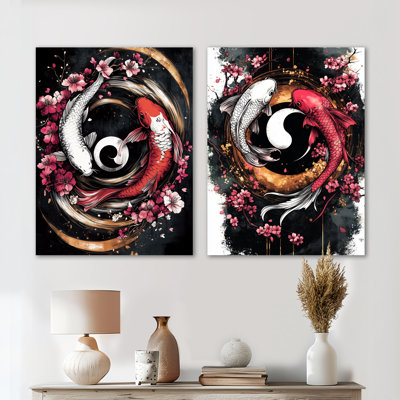 Sakura Yin et Yang Koi Pond I - ensemble de 2 reproductions d'art mural en métal rouge