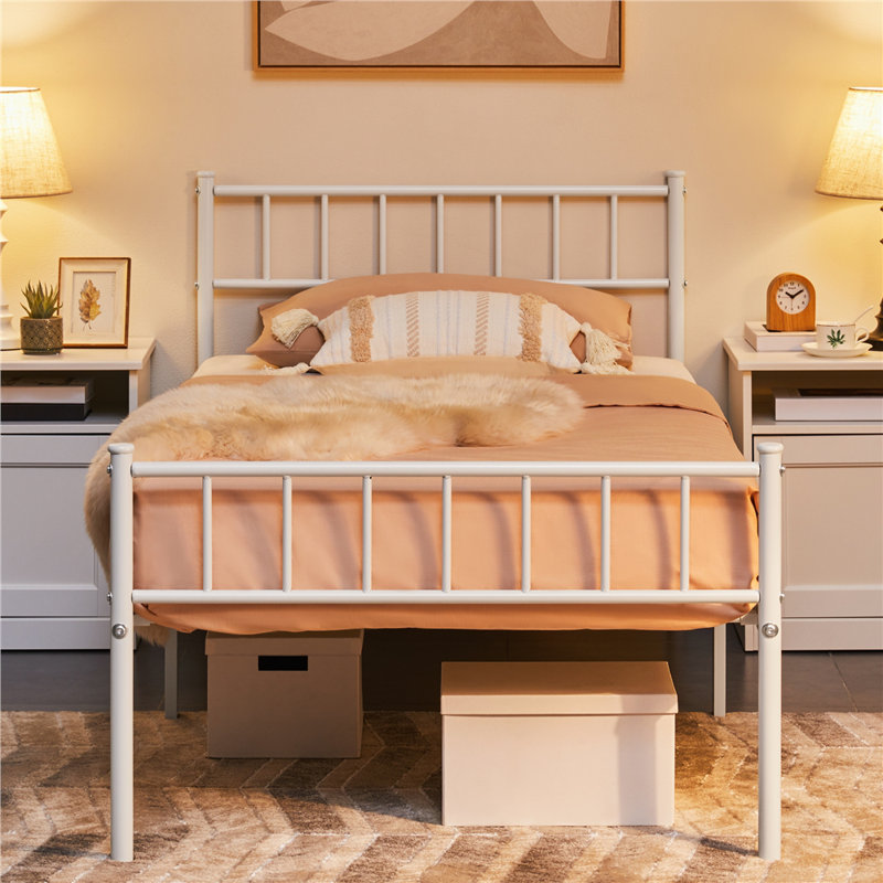 Minimalist Metal Bed Frame with Slatted Headboard, Single (3'), White