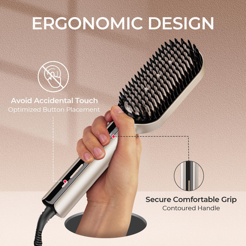 Hair Straightener Brush - Upgraded Ionic Plus with Dense Bristles, 16 Temps & Dual Voltage Ceramic Hot Comb, Gold