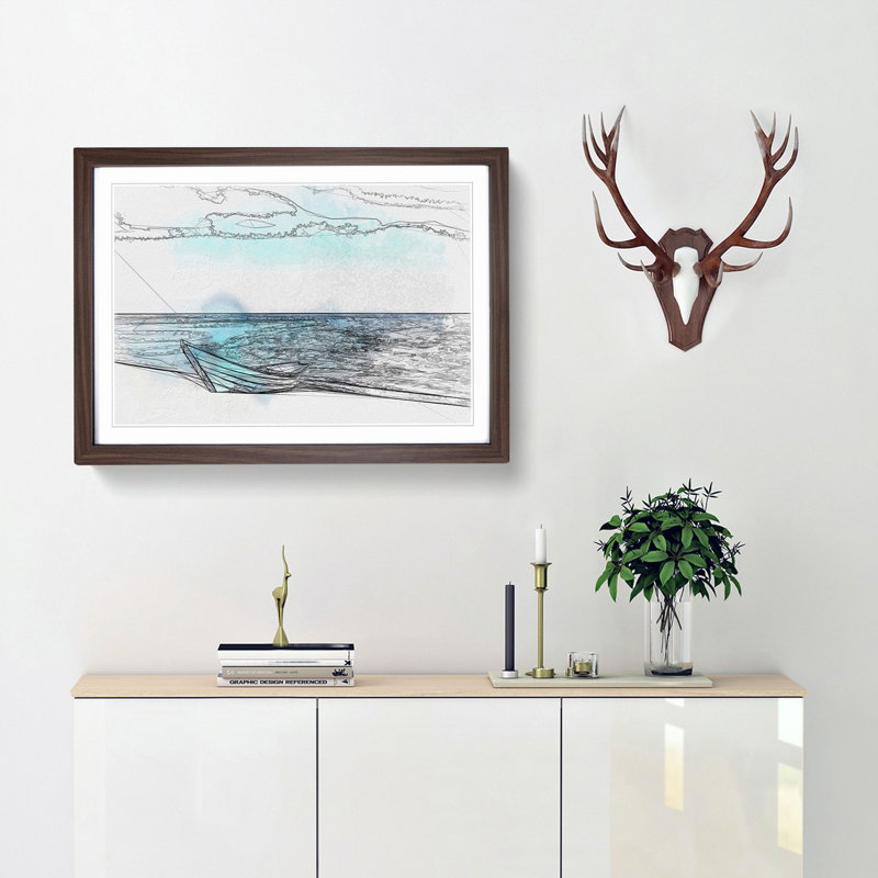 Blue Boat upon the Beach in Abstract - Picture Frame Drawing Print, Walnut Framed, 36cm H x 48cm W x 2cm D