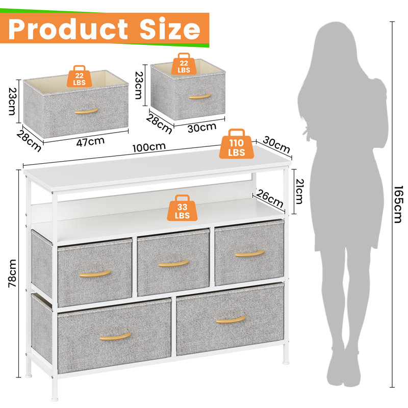 100 cm W Chest of 5 Drawers, Light Grey