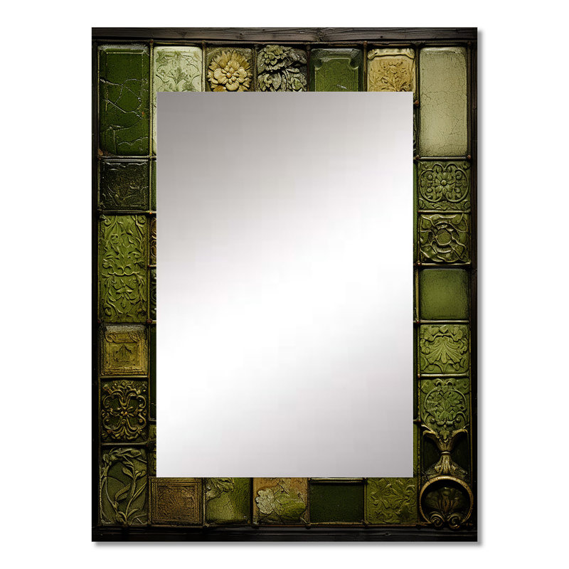 Green Stone Tiles I - grand miroir mural, miroir décoratif vert, impression sur métal, 32 po x 24 po