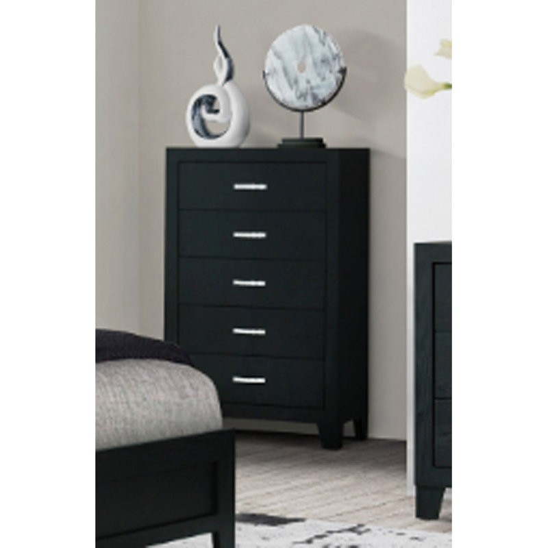 Commode à tiroir, commode noire à 5 tiroirs, détails de quincaillerie glamour, finition en papier chic, commode de rangement moderne pour chambre à coucher