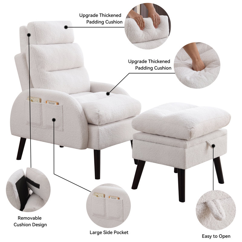 Jonilda Upholstered Accent Chair and Ottoman with  Adjustable Backrest, White Teddy