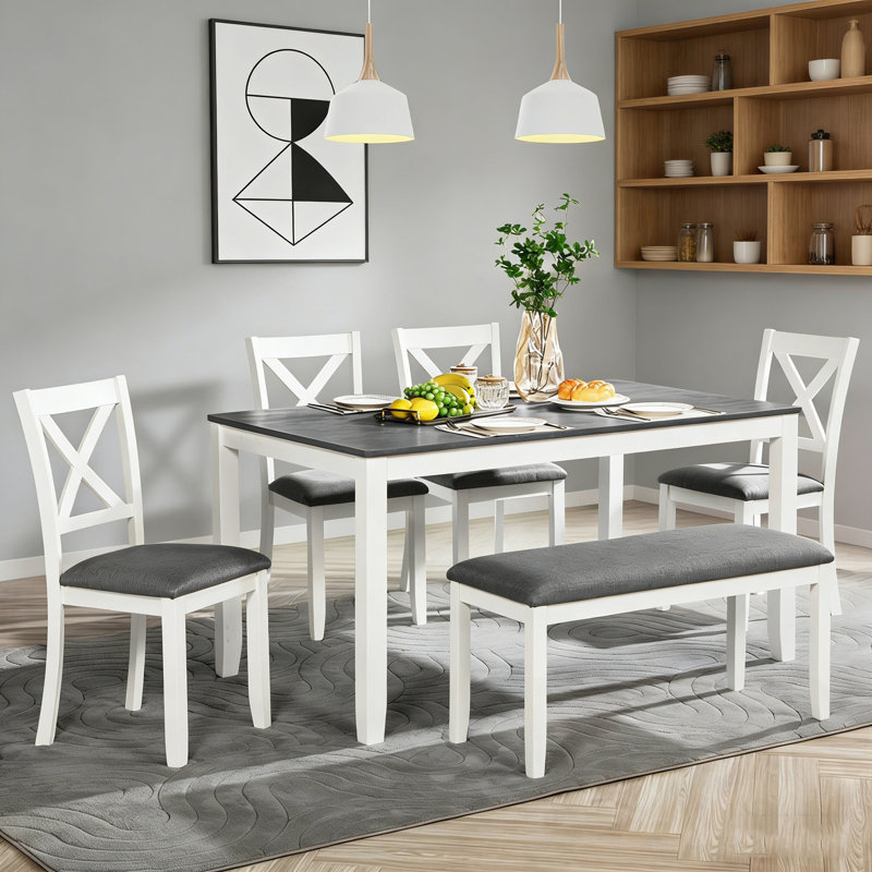 Ensemble 6 pièces avec 4 chaises à dossier croisé et 1 banc Lillibridge, Gris