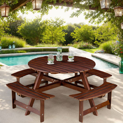 Kate Round Wooden Picnic Table,8 Person Table w/4 Built-in Benches