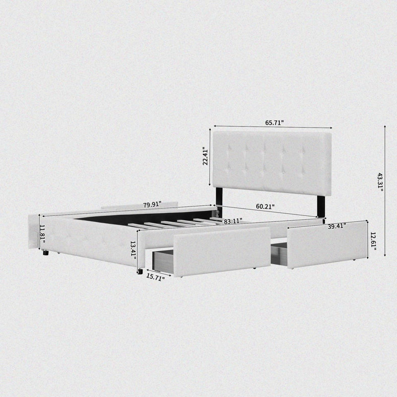 Modern Queen Size Upholstered Platform Storage Bed With Four Drawers, White