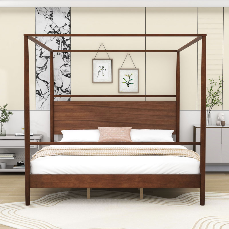 Four-Poster Wooden Canopy Platform Bed with Center Support, King