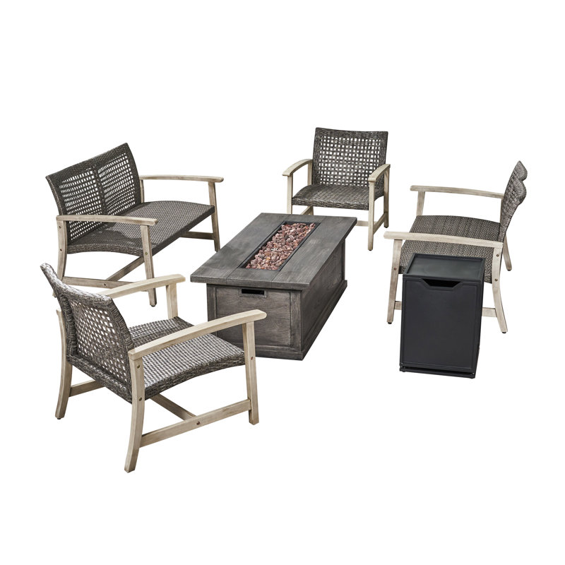 Planchette Acacia 6 - Person Patio Conversation Set, Light Grey + Mixed Black + Grey