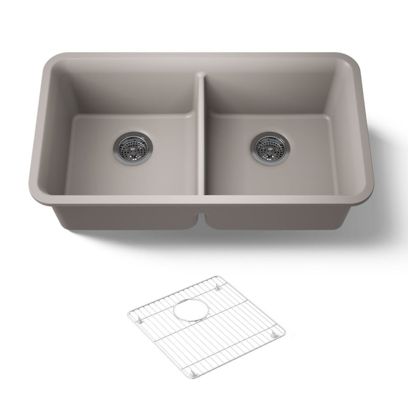 Cairn® 34" L x 18" W Under-Mount Double-Equal Kitchen Sink, Matte Taupe