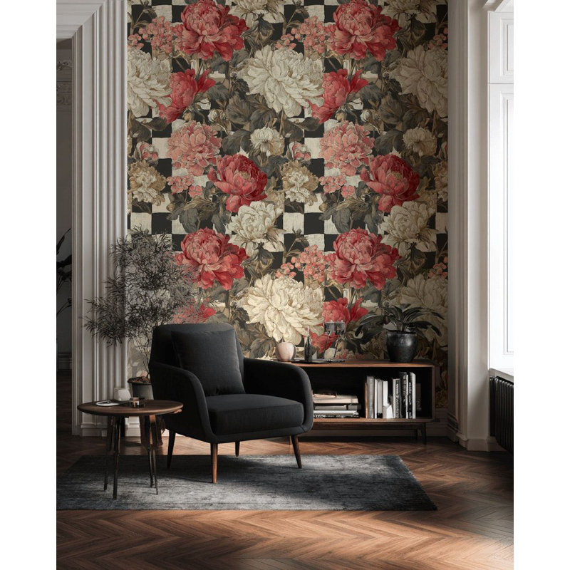 Papier peint floral rétro avec pivoines adhésives