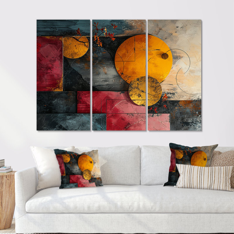 Double Moon Rising Turquoise Gold II - ensemble d'art mural géométrique, Toile tendue, H 28 po x l 36 po x P 1 po