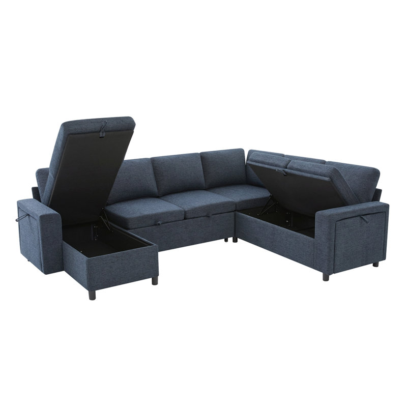 Canapé-lit modulaire en U convertible avec rangement, chargeur USB et porte-gobelets, canapé-lit en chenille, Chenille+Blue