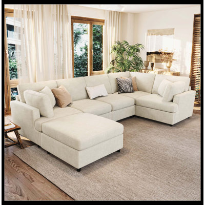 Canapé modulaire en forme de U de 127 po avec repose-pieds mobile U-Style, ensemble de canapé en chenille 6 pièces, canapé d'angle modulaire convertible avec structure en bois de pin robuste, pour grand salon et appartement