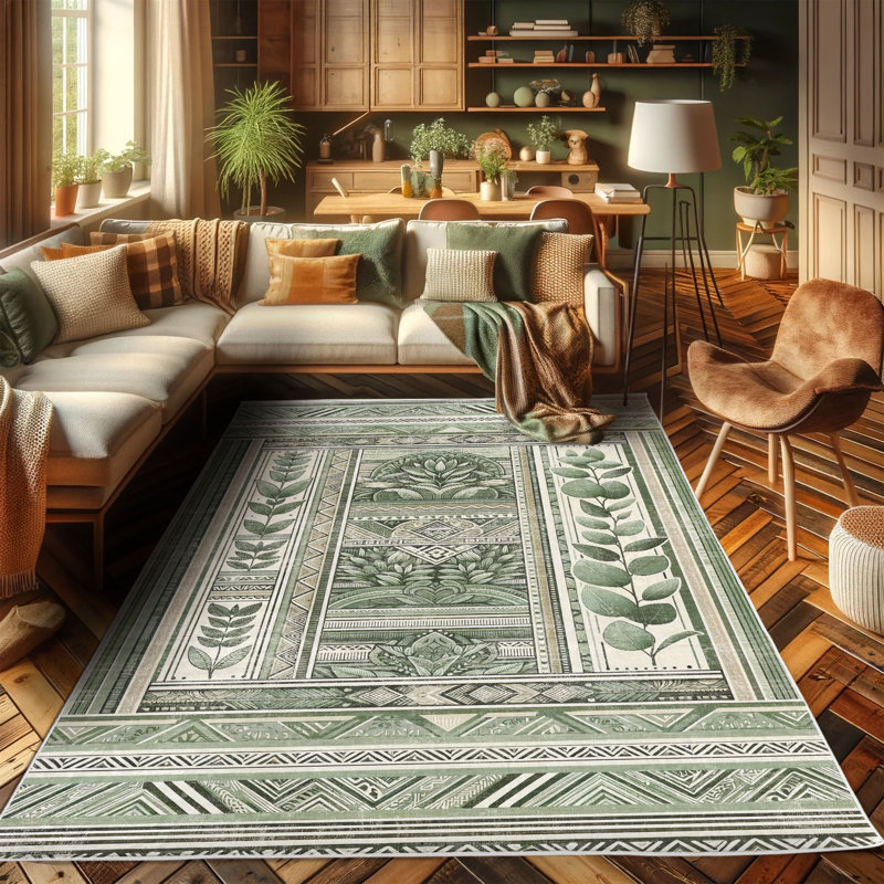 Peacock Green and Pale Tan Botanical Synthetic Area Rug