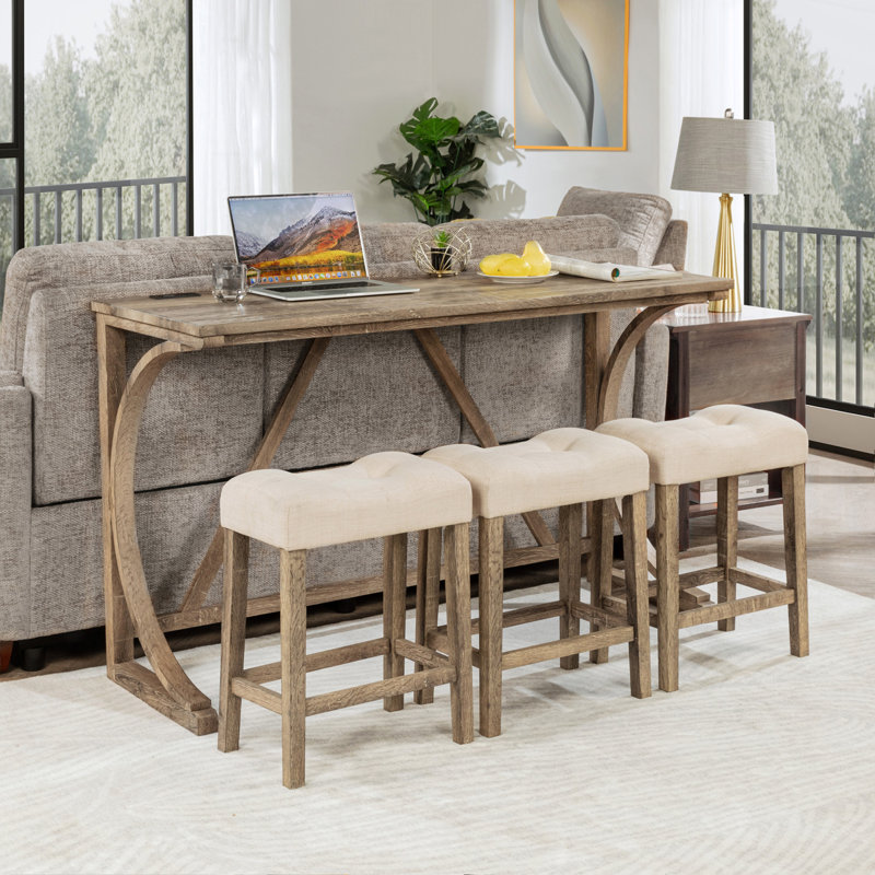 Ensemble de table de bar 4 pièces avec prise de courant, 3 tabourets rembourrés, pour le salon, la salle à manger et la salle de jeux