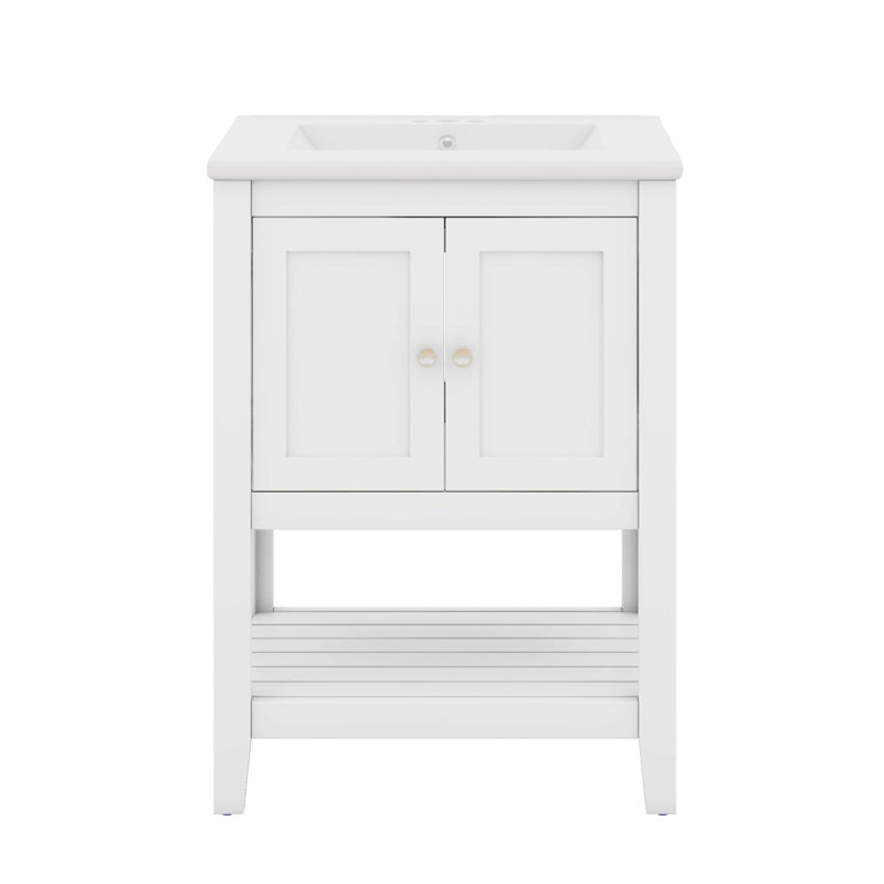 Meuble-lavabo 24 po avec lavabo, petit meuble-lavabo, meuble-lavabo simple avec 2 portes et 1 tablette ouverte, Blanc