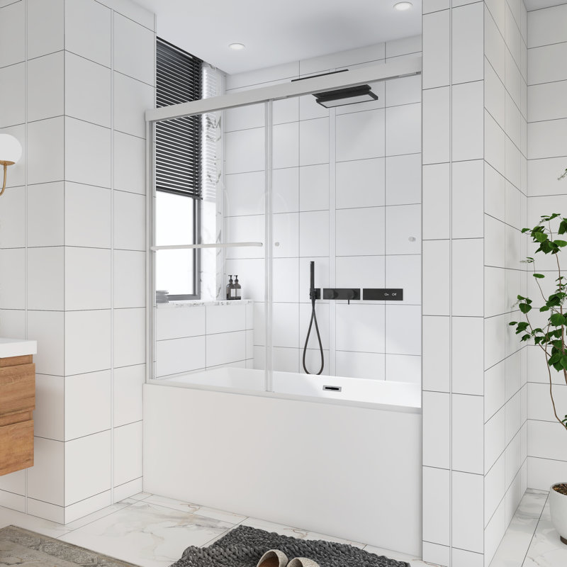60 po Double porte de baignoire coulissante encadrée au fini nickel brossé avec verre transparent, Nickel brossé