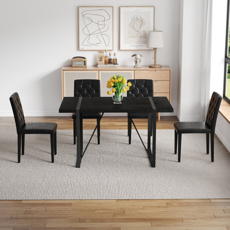 Faux Wood Grain MDF Dining Table Set With Black Textured Top And 4-Pack PU Ergonomic Chairs, Exuding Fashion And Comfort