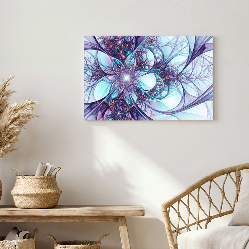 Motif de fractale tourbillonnante bleue et mauve avec toile dorée, 32"H x 48"W