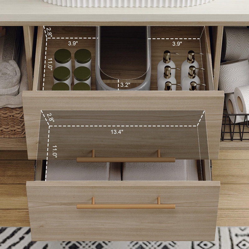 Modern 39.4 Wall-Mounted Bathroom Vanity with Oval Ceramic Sink Floating Vanity Multi-Layer Solid Wood Cabinet Soft-Close Drawers Open Shelf Storage