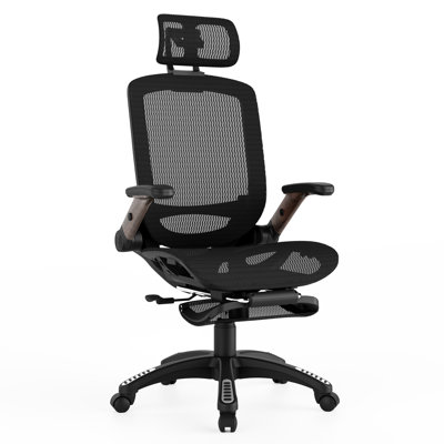 Niccoli High Back Ergonomic Mesh Office Chair With Footrest And Flip-Up Arms, Dark Woodgrain Accent