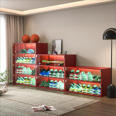 Cabinets | 6-Pair Stackable Sneaker Storage Shoe Cabinet, Crimson Red Glass Door, Wood Construction, RGB Color Changing LED Lights | Particle Board | Bedroom