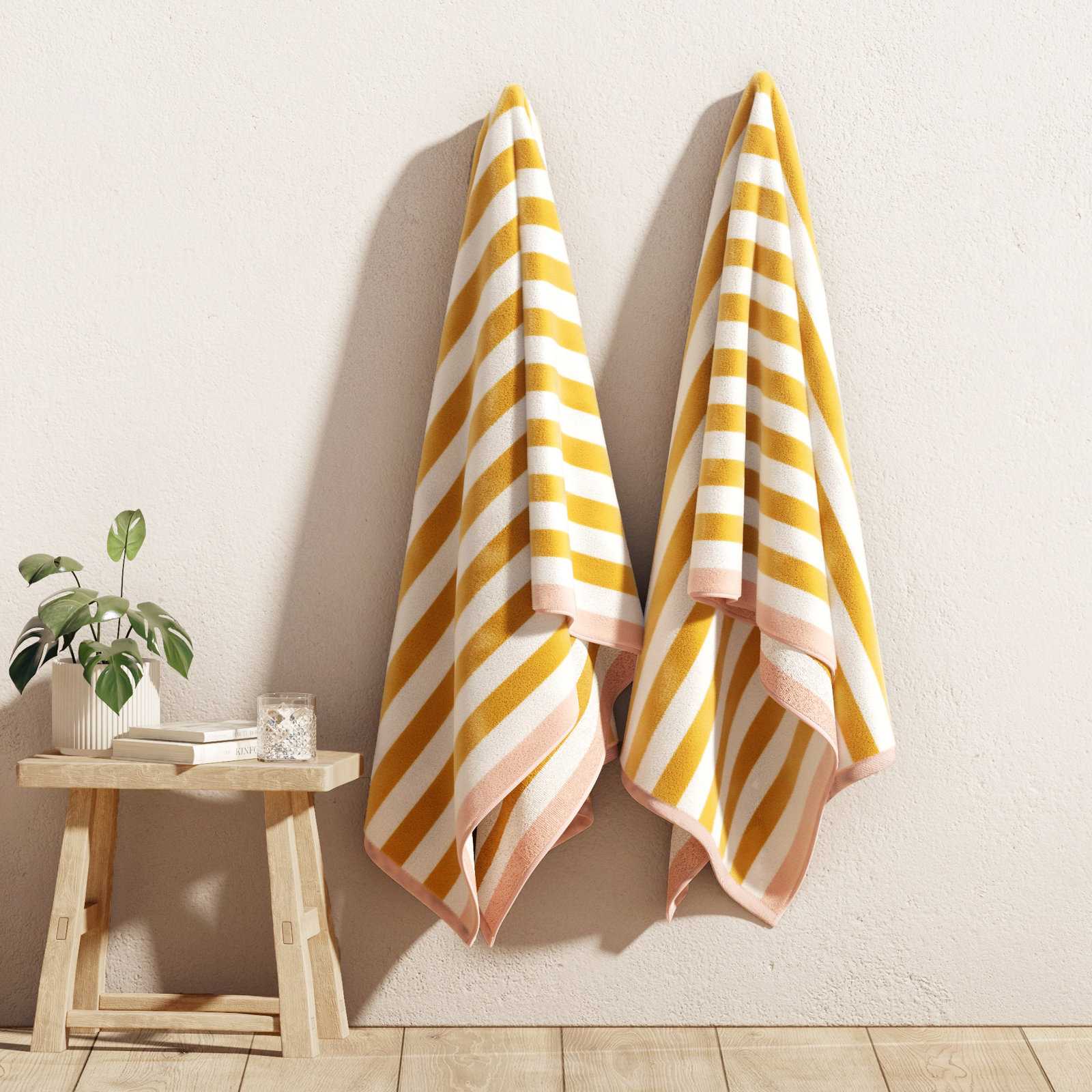 Striped Cotton Oversized Beach Towels, 2, Marigold/Dusty Rose