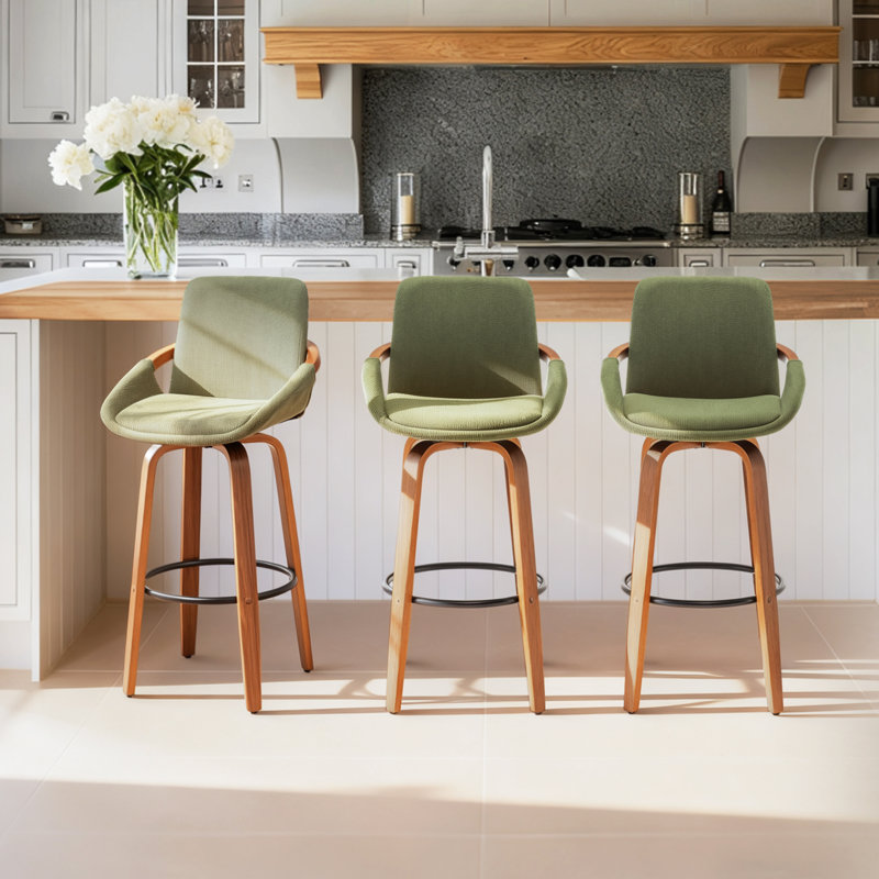 Benno 3-Piece Swivel Upholstered Counter Stool Set, Bar Stool (30” Seat Height), Green/Corduroy