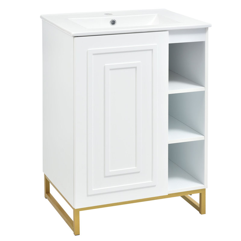 Meuble-lavabo simple blanc brillant 24 po avec base or rayonnante