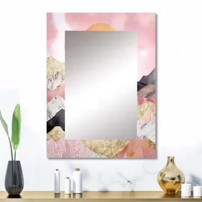 «Vibrant Mountain», «V», décor de miroir mural unique, grand miroir rose, impression d'art en métal