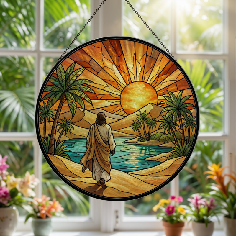 Desert Sunset Stained Glass Window Panel，12"H, 12"H