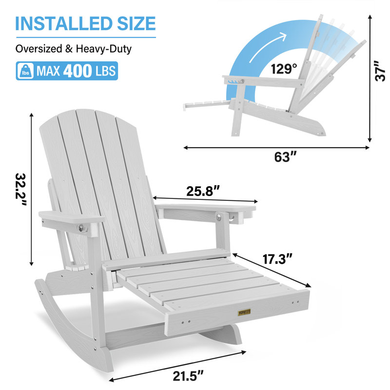 Chaise berçante d'extérieur surdimensionnée en plastique Adirondack, Blanc