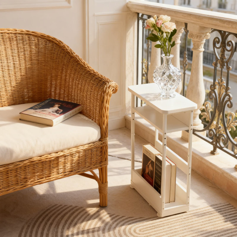 Table d'appoint étroite à 3 niveaux avec tablette de rangement, table de bout mince pour les petits espaces, table de canapé moderne peu encombrante et table de chevet mince avec porte-revues