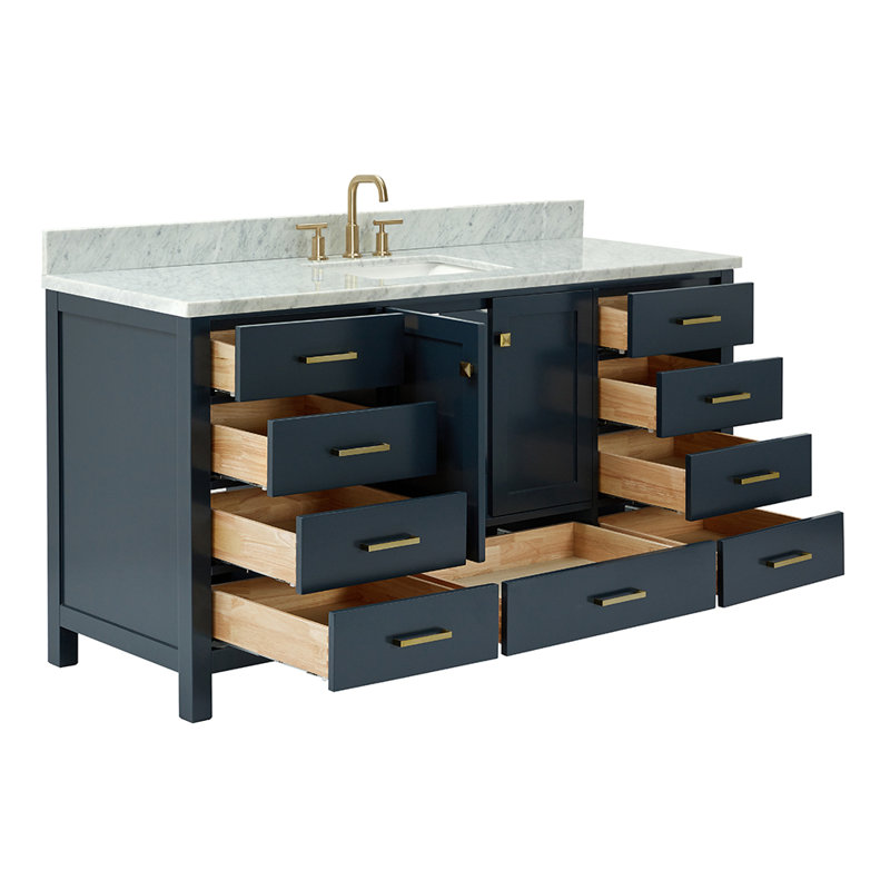 Flynt 67'' Single Bathroom Vanity with Carrara Marble Top, Midnight Blue