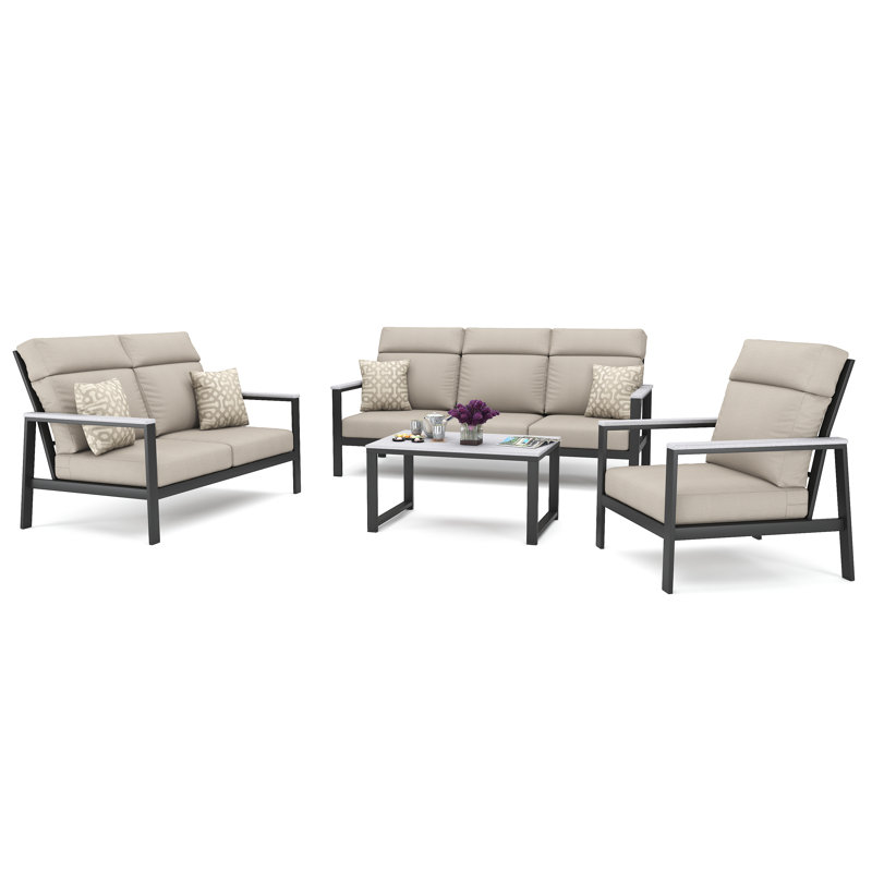 Syren 4 Person Seating Group With Sunbrella Cushions, Dark Gray/White, Cast Silver