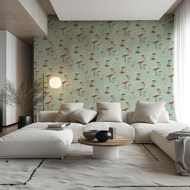 Flamingo - Wallpaper, Pink, Faux Grasscloth