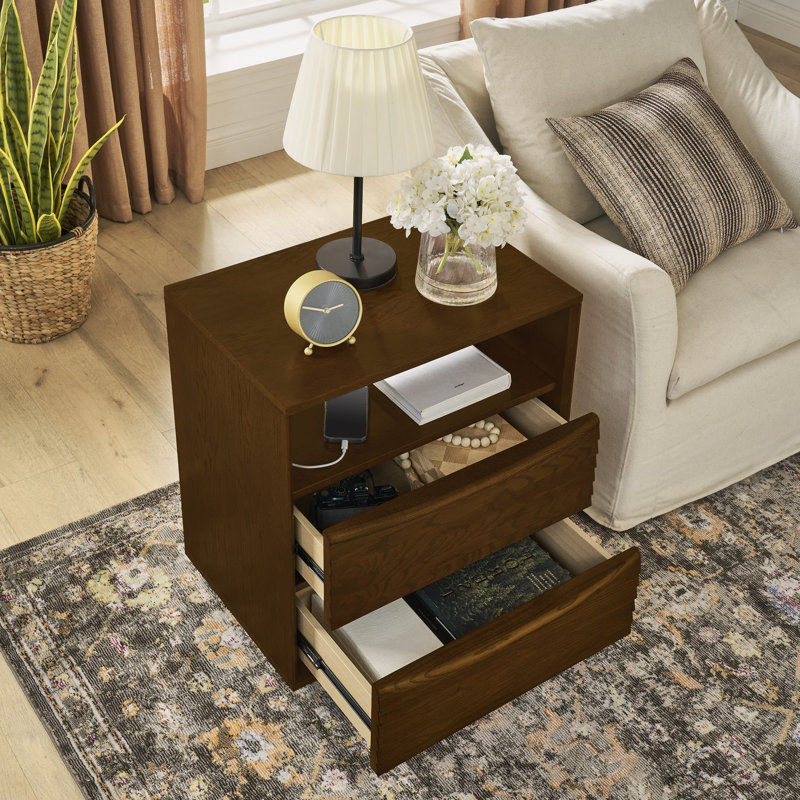 Table de chevet 2 tiroirs Mid-Century, Noyer brun