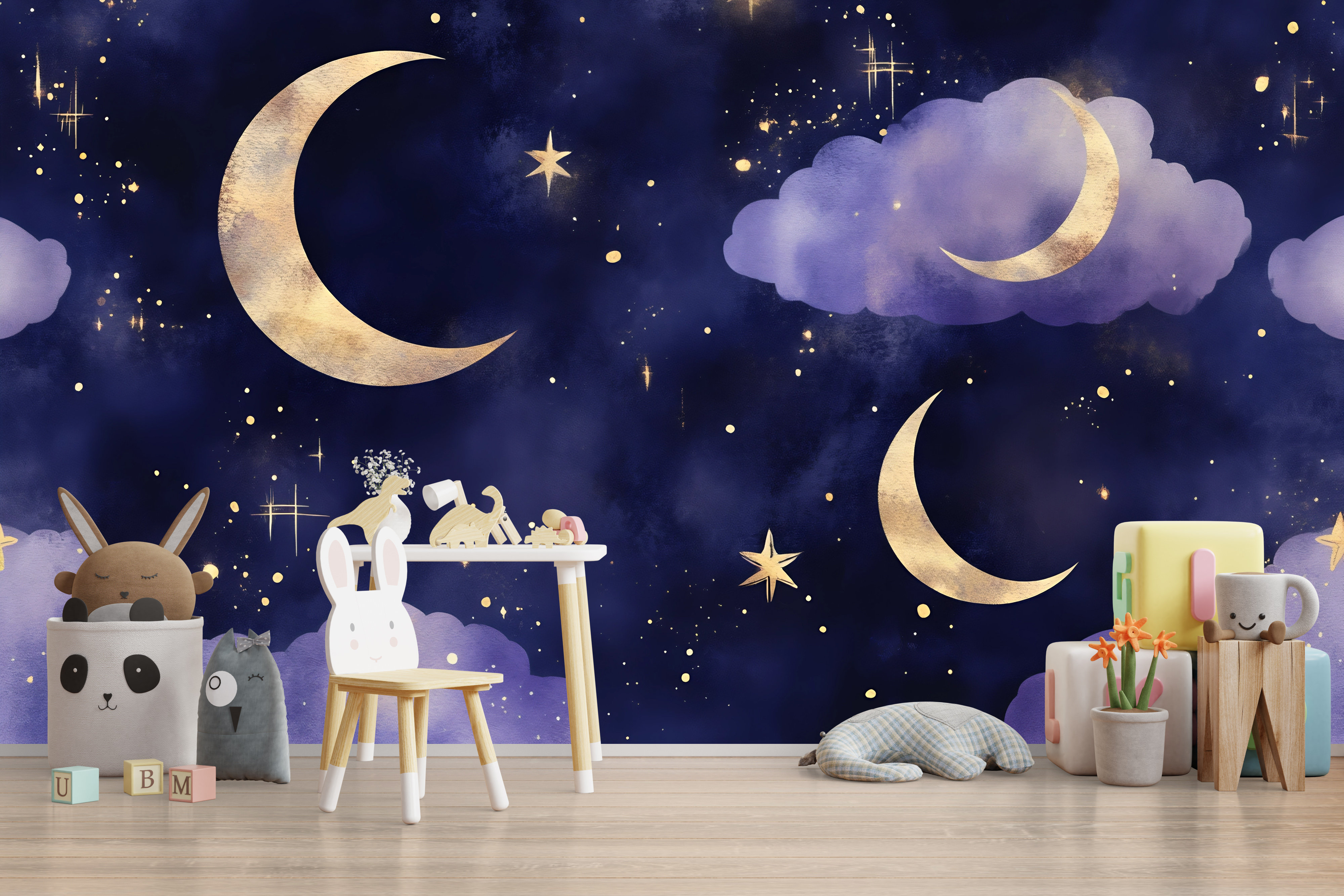 Zoomie Kids Moon And Stars Mural – Purple Night Sky Nursery Wallpaper ...